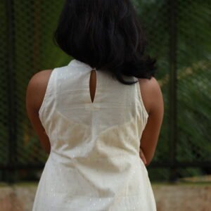 White high neck kurta with silver butta work.