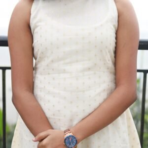 White high neck kurta with golden butta work.